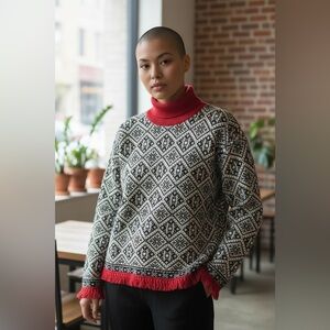 Talbots Black and White Geometric Sweater with Red Trim